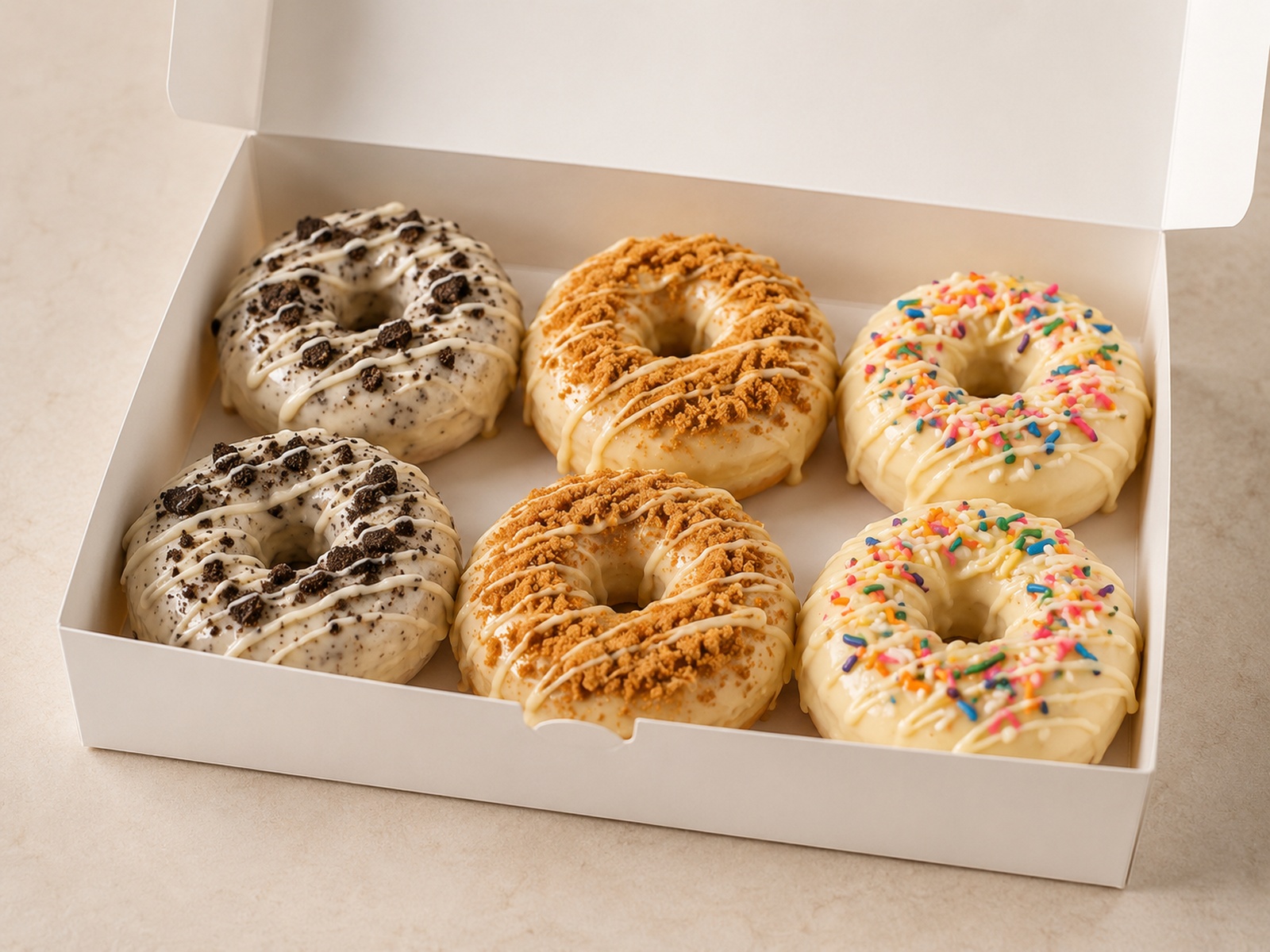 6 Count Donut Box with two Birthday Bash, two Cookies and Cream, and two Biscoff Bliss donuts